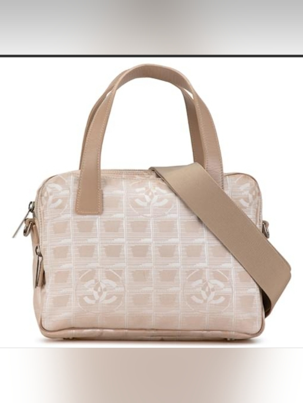 VINTAGE CHANEL Beige Nylon Jacquard Travel Line Handbag/Shoulder/Crossbody Satch